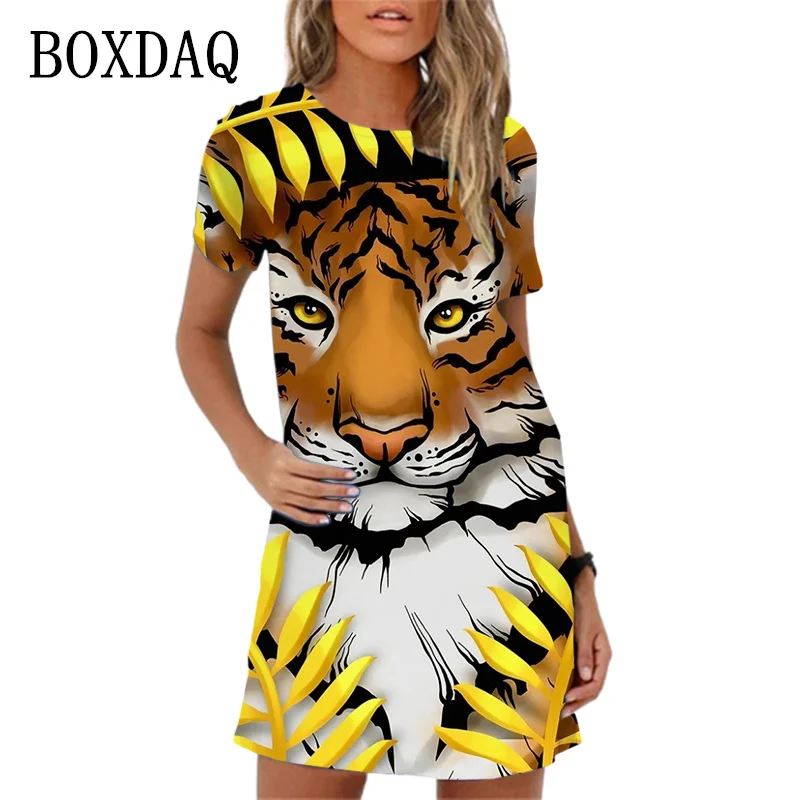 Fashion Cute Cartoon Dress For Womens Girls Sundress Summer Short Sleeve Dress Casual Animal Print Dress Oversized New 2024