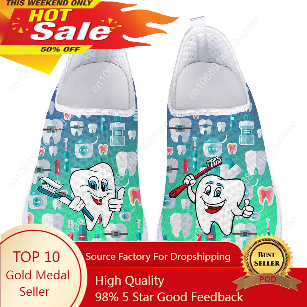 

Casual Slip On Dental Shoes For Woman Cartoon Tooth/Dentist Gradient Pattern Flat Sneakers Mesh Ladies Light Loafers