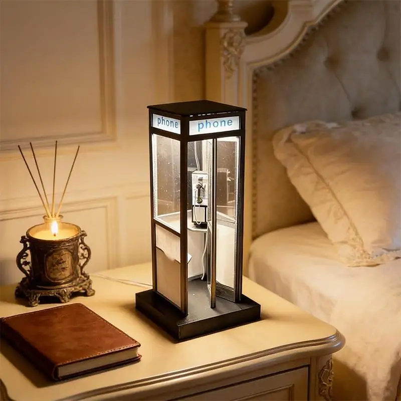 Luminária de Mesa Retrô Vintage em Formato de Cabine Telefônica, Abajur Clássico com Luz LED Quente, Luz Noturna Decorativa em Formato de Cabine Telefônica