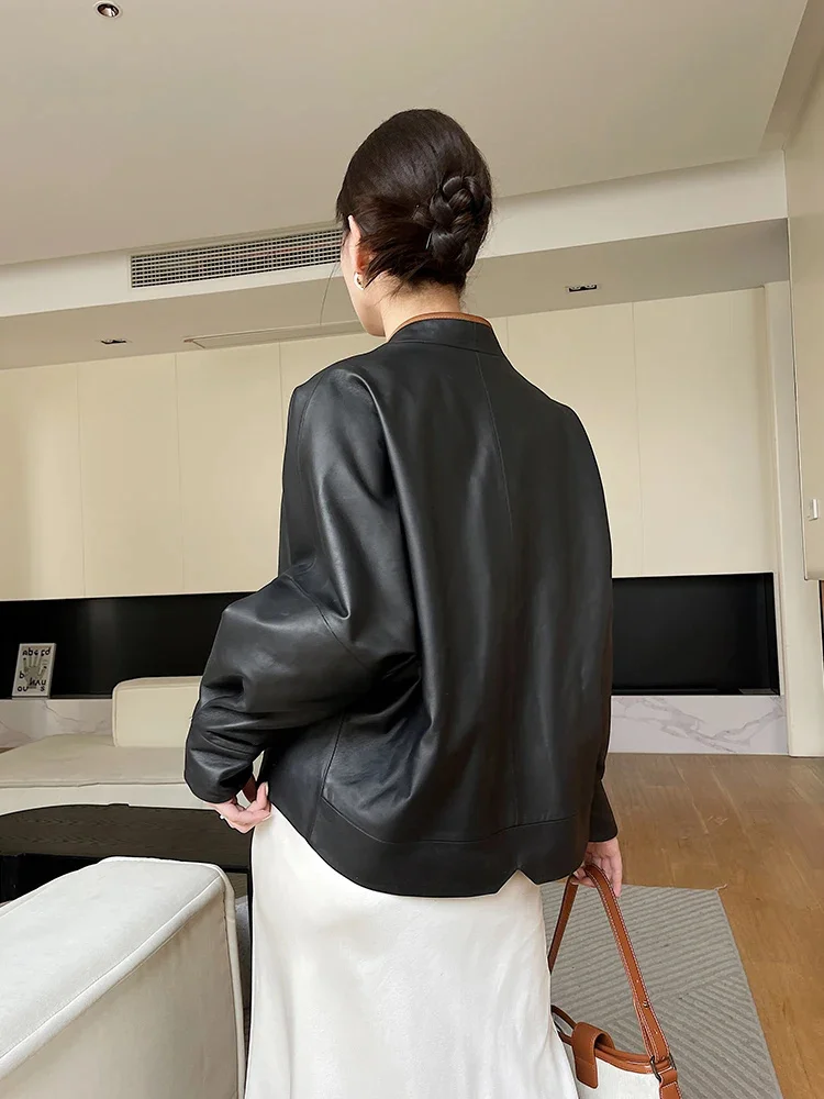 Sheepskin V-neck Coat Women Luxury Real Leather Batwing Sleeve Outerwear Streetwear Loose-fit Genuine Jacket feminina