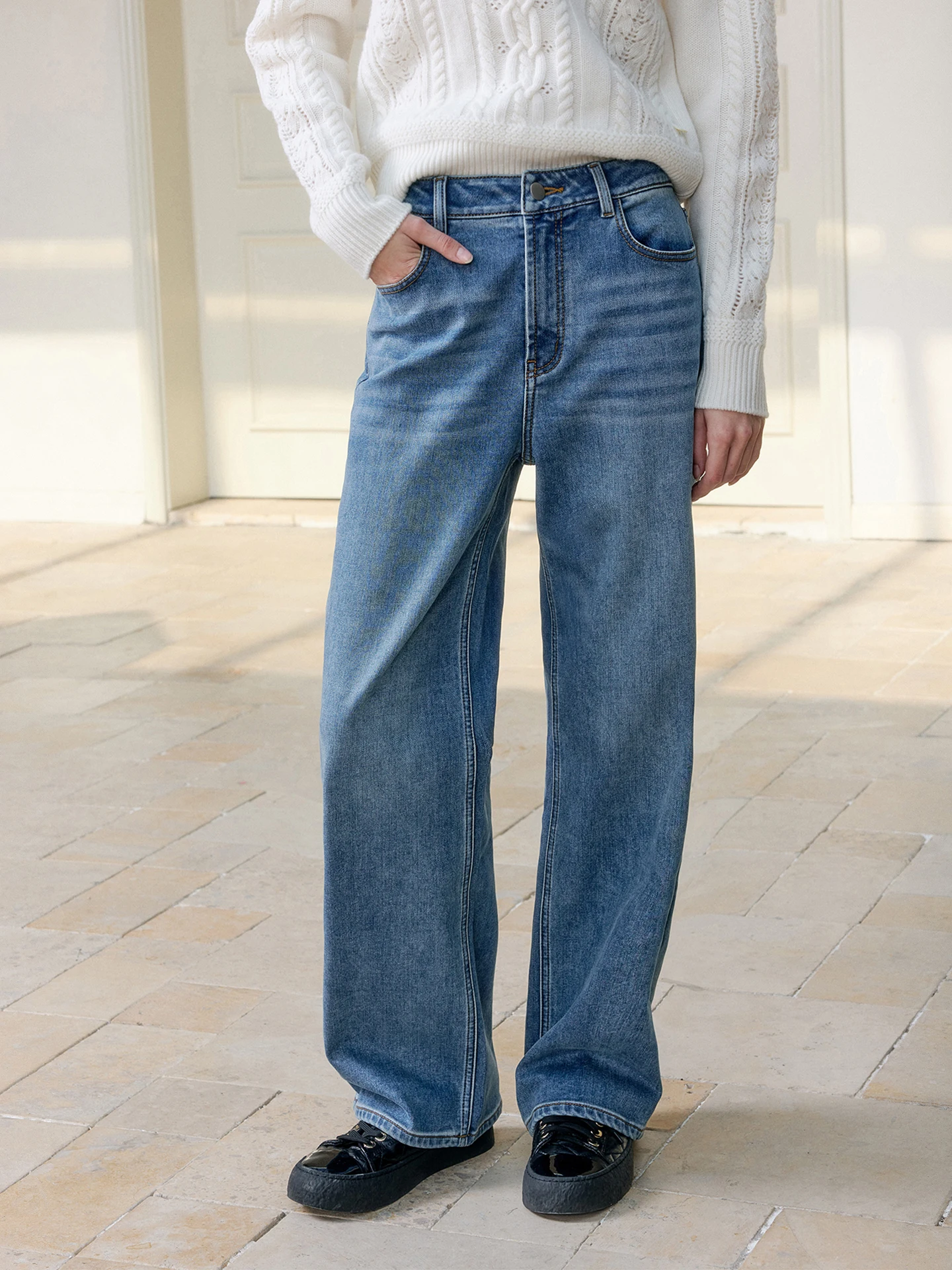 

SOV Fce Lined Denim Jeans Thi Straight Leg Elastic Waed Blue Autumn Winter Women's Retro Sle Cotton l Waist