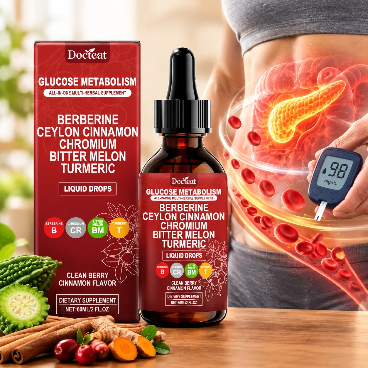 Berberine Liquid Drops Healthy Blood Sugar & Glucose Metabolism with Ceylon Cinnamon Chromium Bitter Melon Turmeric Extract 60ml