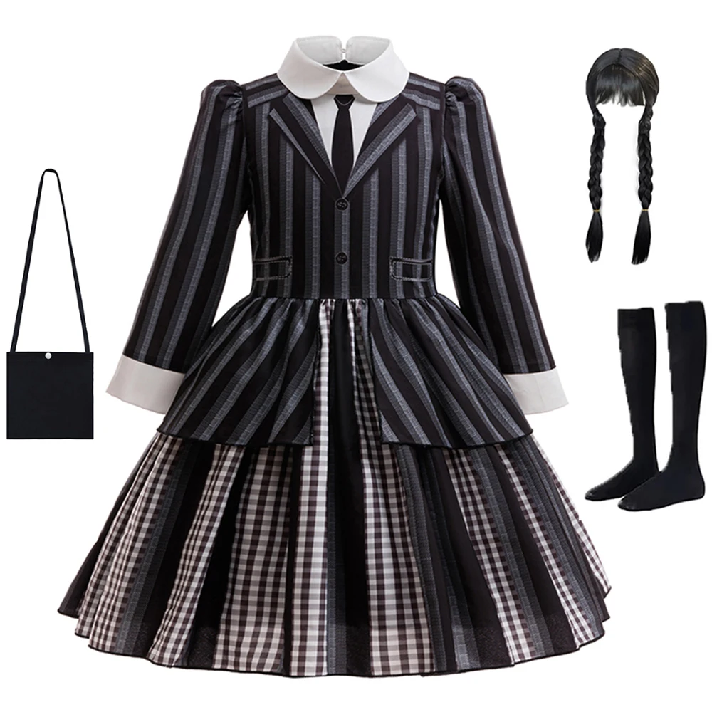 

Girls Party Dresses Wednesday Halloween Cosplay Costume Striped Black Princess Dress Carnival Birthday Girls Party Dress
