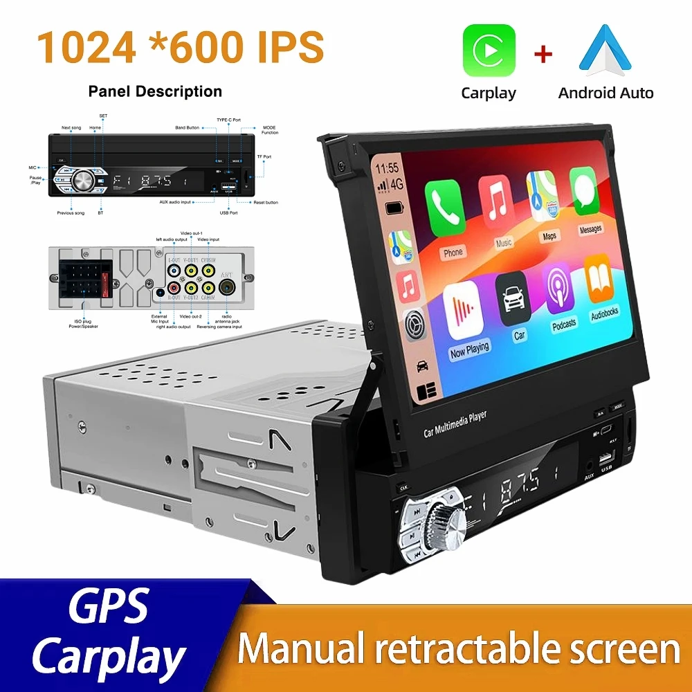 Carplay Android Auto Universal 1 Din MP5 Player 7 Inch Retractable Touch Screen Car Player HD FM AUX Input BT Radio Mirror Link