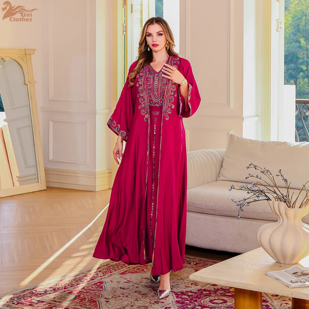 Eid Ramadan Dubai Set da 2 pezzi Abaya ricamato con abito interno Caftano musulmano per donna Abbigliamento da festa islamico