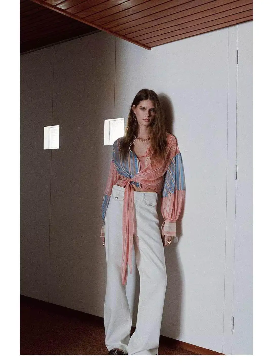 

Casual Stripe Patchwork Belted Shirt Spring 2026 Loose Fit French Style Polyester Fiber Long Sleeve Women's Short Shirt