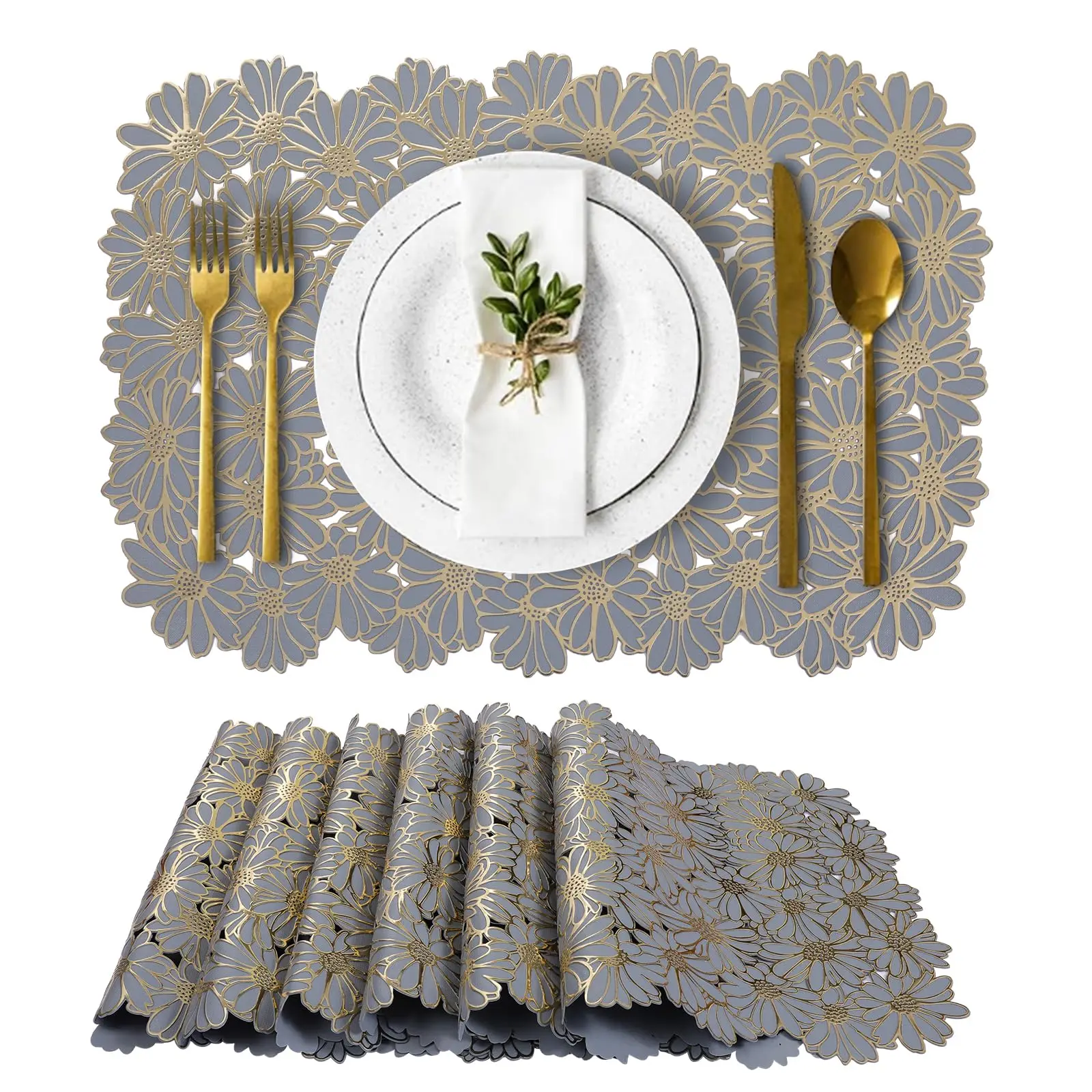 

Flower Place Mat PVC Table Mats Non Slip Heat Resistant Wipeable Easy to Storage Washable Placemats for Dining Table 12x18"