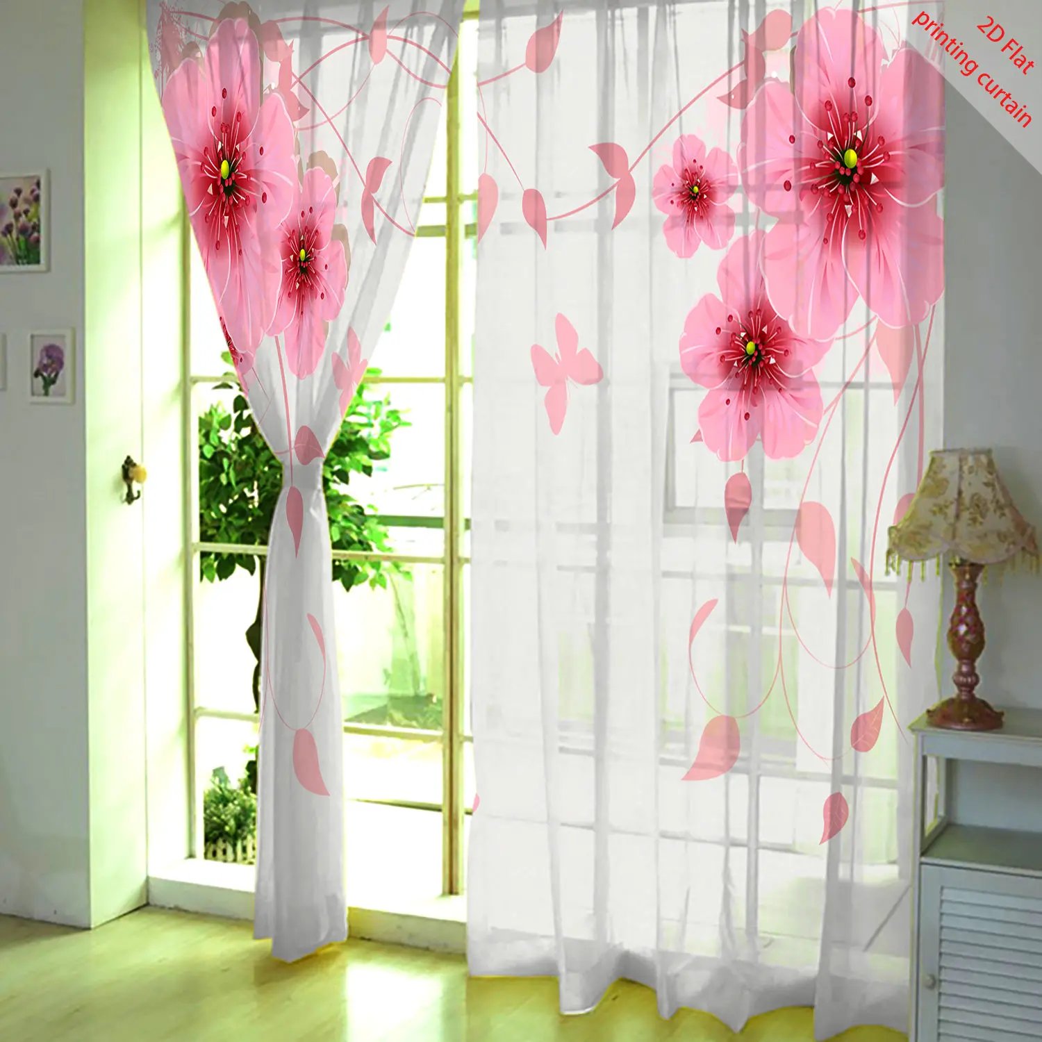 Printed transparent gauze curtain, plant flower aesthetic window decoration, suitable for home, office, dormitory