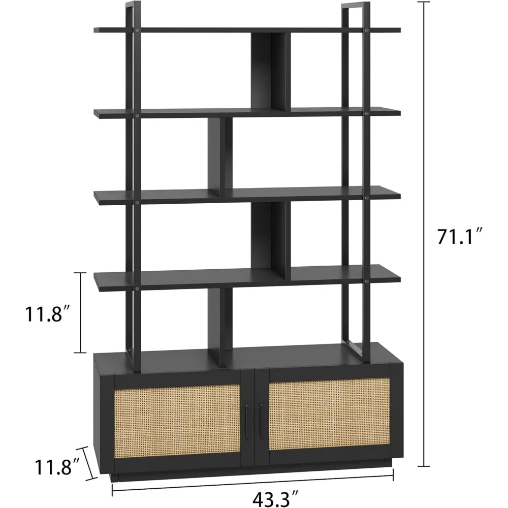 5 Tier Rattan Bookshelf with Storage Cabinet & Door, 71.1 Inch Tall Industrial Book Shelf with Open Display Shelves