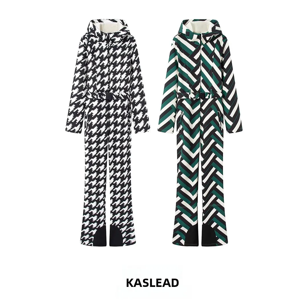 

KASLEAD Новая модная женская лыжная куртка-комбинезон с капюшоном, прямой крой, высокая талия, длинные брюки, полиэстер