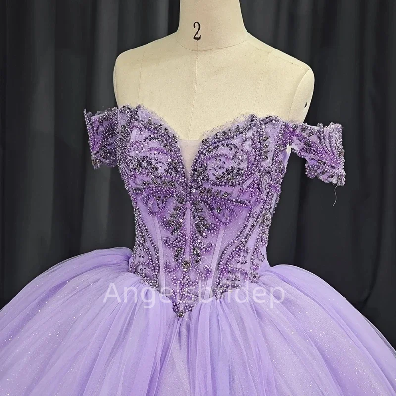 Angelsbridep gaun bola Lavender berpayet manik-manik Tulle Bling gaun pesta malam Vestido De 15 Anos