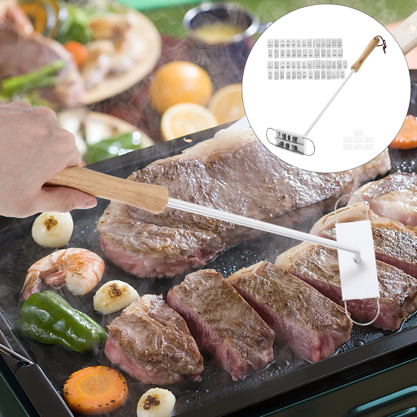 

1Set Meat Branding Iron Bbq Tool Kit with English Letters Durable Wooden Handle for Outdoor Barbecue Steak Names Press