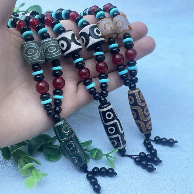 Nine- Agate Dzi Pendant Necklace Three-Eyed Barrel Bead Tibetan Vintage Ethnic Style Sweater Chain