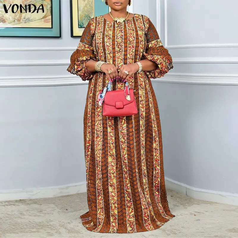 

Женское летнее винтажное платье макси VONDA больших размеров 5XL с принтом, рукавами-фонариками и кружевными вставками, повседневное длинное платье для вечеринок, коллекция 2026