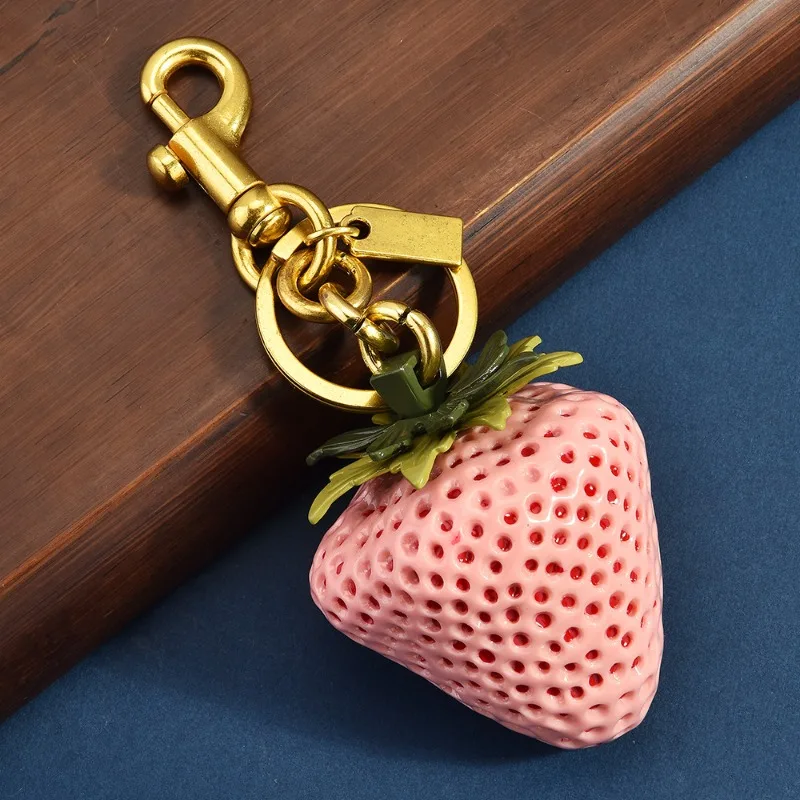 قلادة سلسلة مفاتيح فواكه مخصصة، قلادة كيس فراولة كبيرة محاكاة ثلاثية الأبعاد بلونين