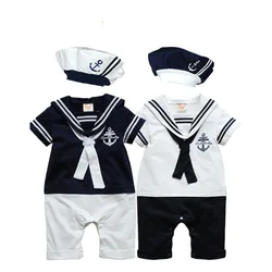 Baby Navy Romper Summer Newborn Kids Boys Girls Sailor Jumpsuit Hat 2Pcs Body Short Sleeve Anchor Printed Suit