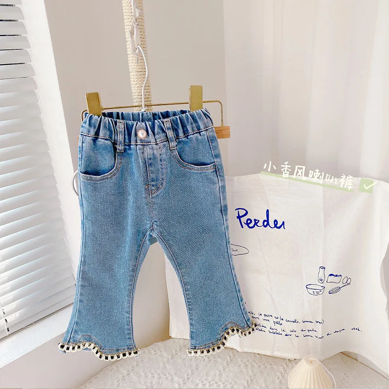 

2024Autumn New Girls' Simple Lace Ruffle Pants-Mouth Casual Pants Baby Stretch Jeans Children's Clothing