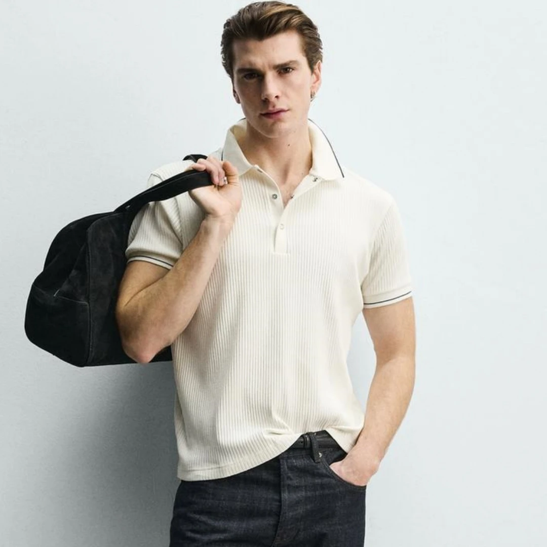 2026 Summer New Men's Fashionable Knitted Short Sleeve  Shirt Casual Slim Fit Ribbed Anti-Ultraviolet Cool Sensation Stat...