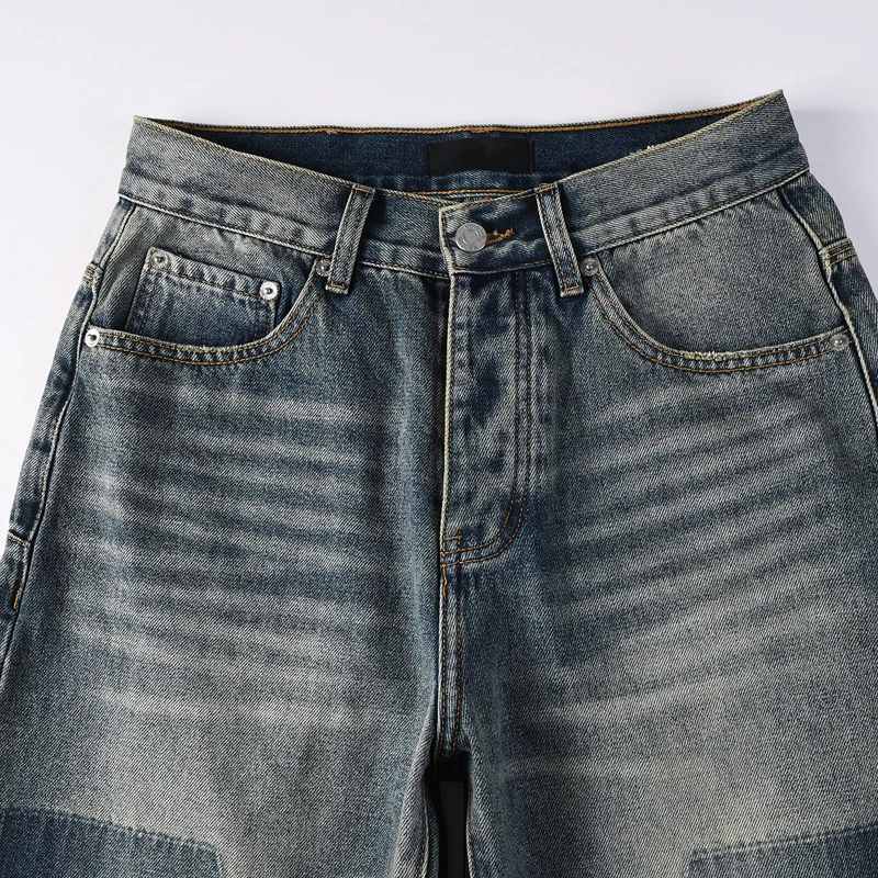 الاتجاه الأمريكي العلامة التجارية الرجال الجينز مستقيم الساق غسلها السراويل الطويلة غير رسمية شارع العليا واسعة الساق سراويل جينز 2025 نمط جديد