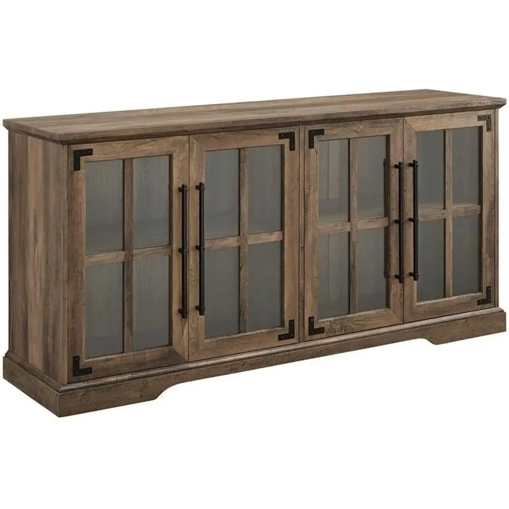 

Rustic Oak 4-Door TV Stand with Tempered Glass, Adjustable Shelves, and Cord Management for TVs up to 64