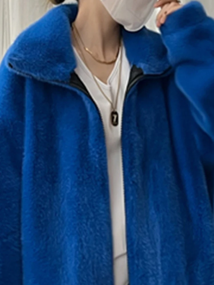 Lautaro Inverno Lungo di Grandi Dimensioni Blu Bianco Nero Soffice Spessore Caldo Cappotto di Pelliccia Sintetica Delle Donne Zip Up Runway Designer di Moda Coreana 2022