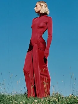 여성 의류 터틀넥 낮은 허리 붕대 Bodycon 휴일 드레스 streetwear 가을 겨울 솔리드 ​​슬림 파티 클럽 긴 드레스