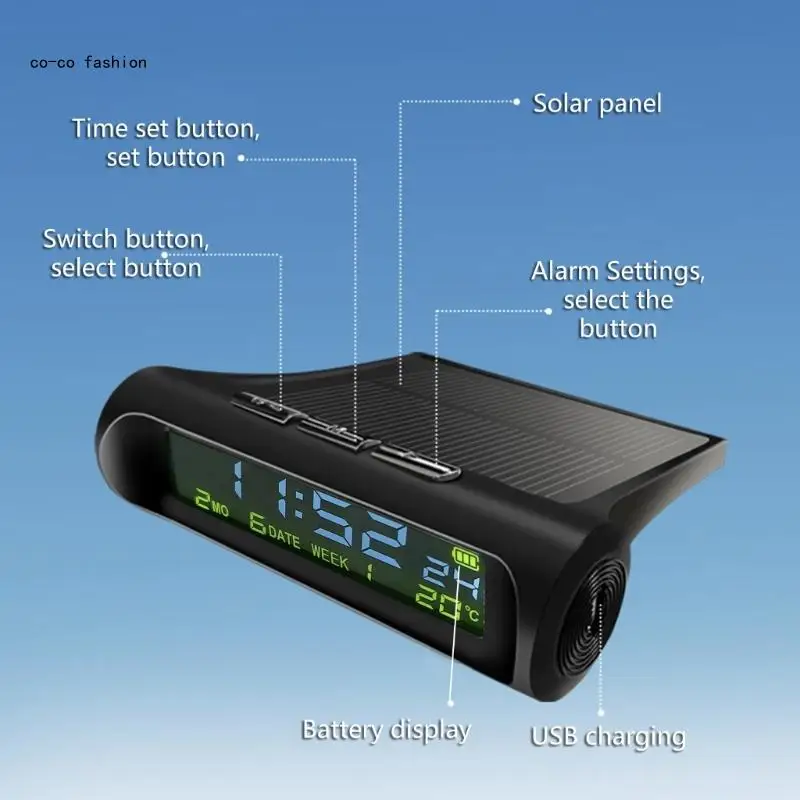 517B Solar Car Digital Clock Date Week Temperature LCD Backlit Display Alarm Clock