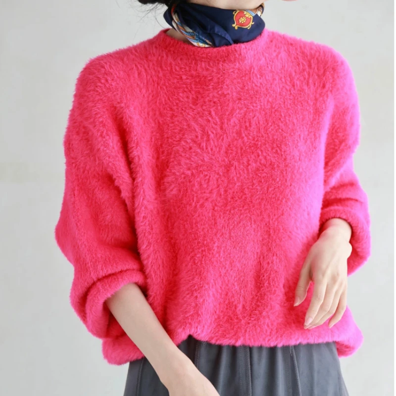 Imitation Mink Fur Women's Pullover Sweater Korean Fashion O-Neck Long Sleeve Casual Loose Mohair Sweaters Knitwear Tops Jumpers