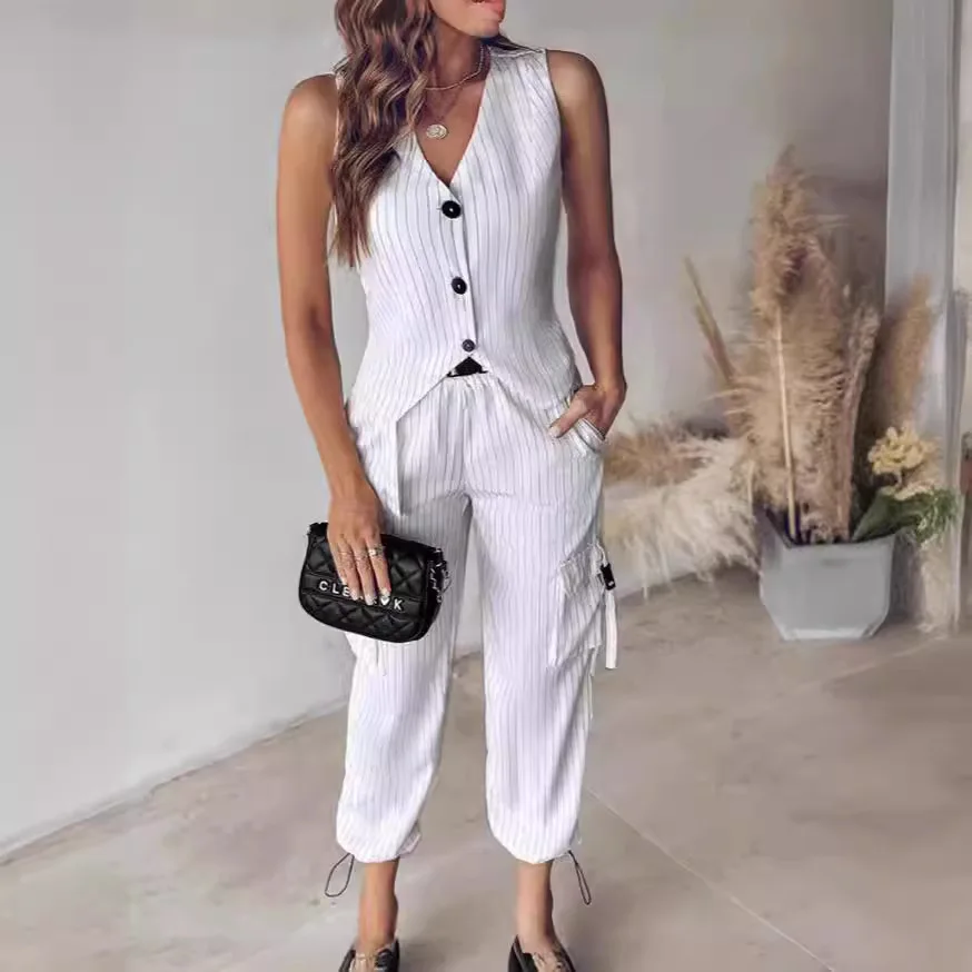 

Темпераментный летний женский полосатый жилет, комплект из 2 предметов, шикарный топ на пуговицах с v-образным вырезом + свободные брюки с карманами, наряды из двух предметов, женский элегантный костюм