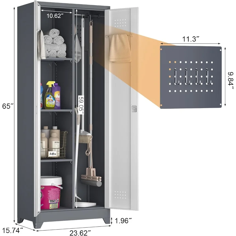Tall Metal Cleaning Tool Storage Cabinet with Pegboard and Hanging Rod for Broom Closet Organization