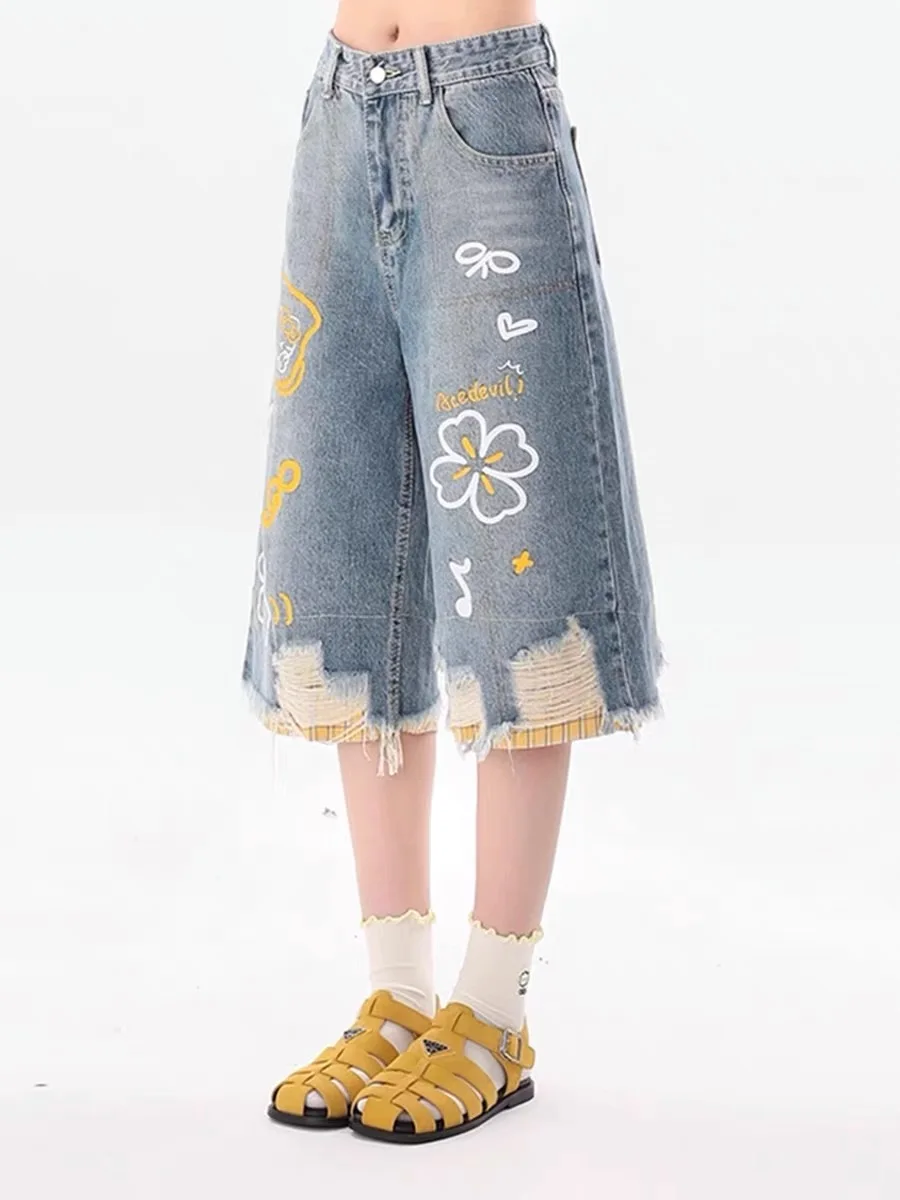 American Retro Kitty  Graffiti Loose Fit Straight Leg Jeans High Waist Zipper Closure Comfortable Breathable Spring Summer