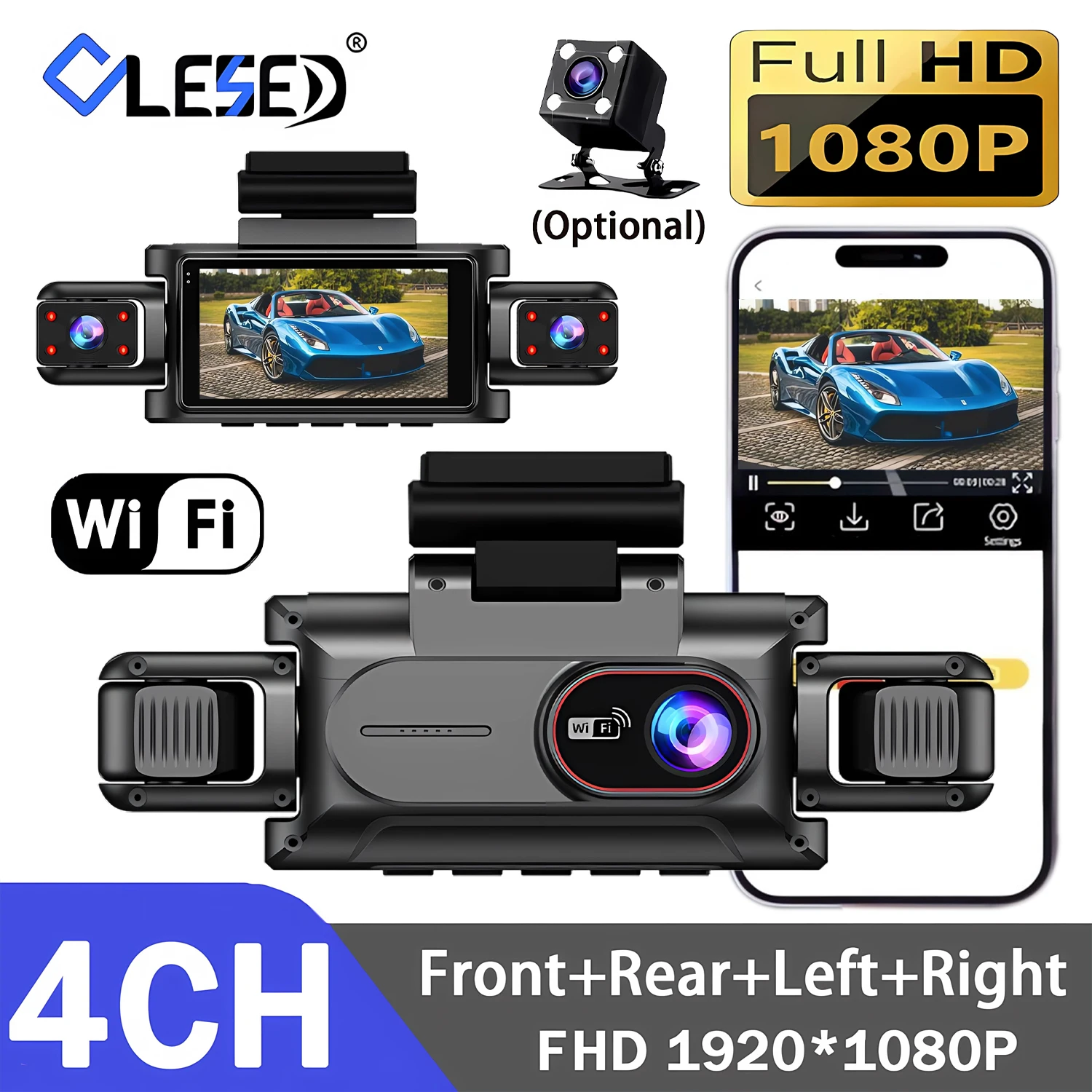 Full HD 1080P 4 Channel Dash Cam Car Video Recorder Black Box with Night Vision 24/7 Parking Monitor G-Sensor Loop Recording