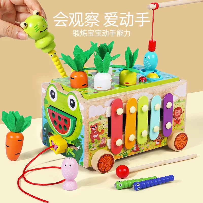 Children's multifunctional hand-painted frog cart with round beads and piano playing block shapes paired with wooden toys for bo