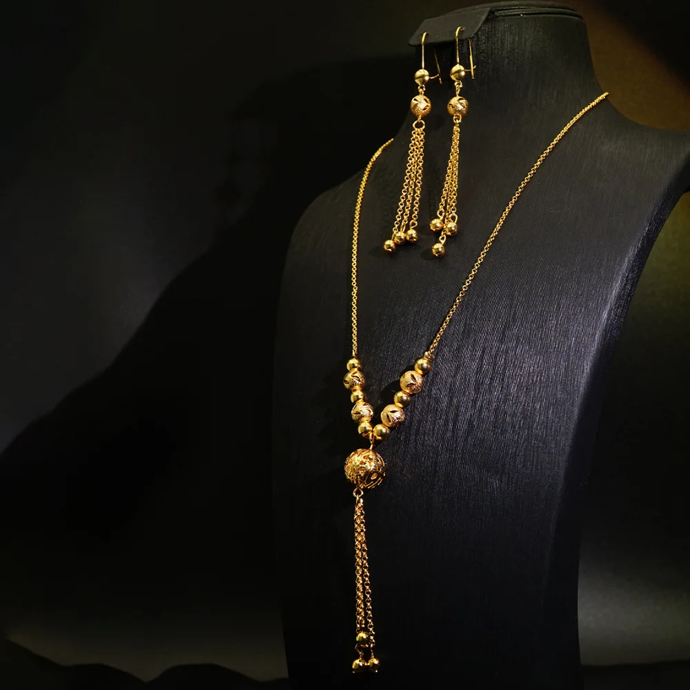 

Women's 24K Gold Tassel Set (Necklace & Earrings), AU999 | Fine chain tassels with "Ripple" engraving & hidden star sand motif.