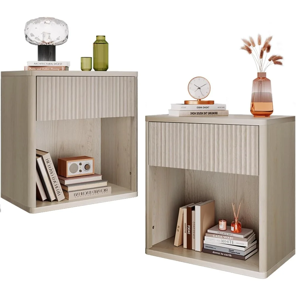 Mid Century Style Wood Nightstands Pair with Storage Drawer and Open Shelf for Bedroom