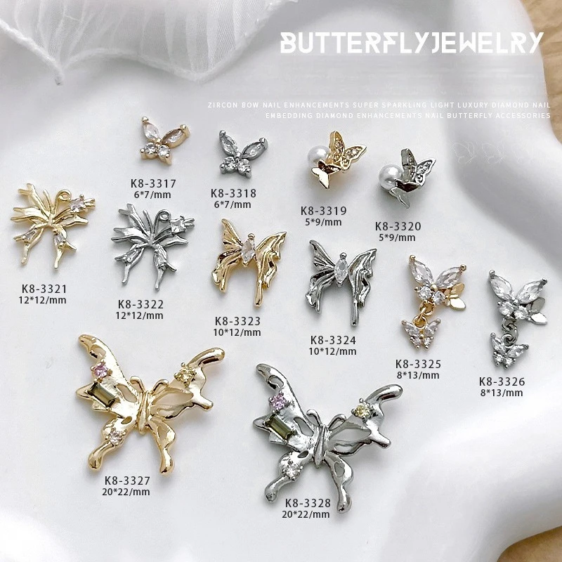 1Pc popular zircon butterfly nail charm, luxury diamond-set 3D metal ornament for stylish exquisite nail art decoration
