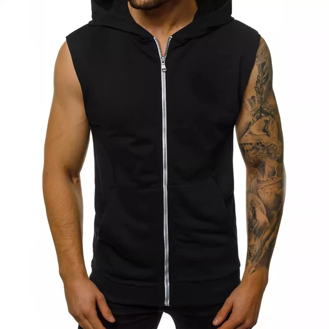 

Outer Wear Men's Summer Thin European and American Fashion Fitness Sports Sleeveless Vest Hooded Cardigan Jacket Men's