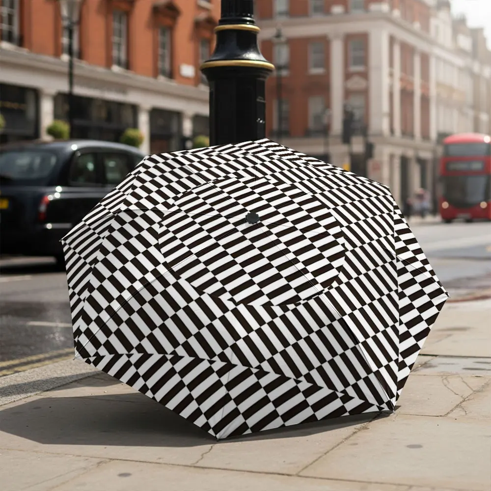 1P C Striped Umbrella Displayed in Front of a Historic Building Print 8 Iron Ribs Folding Umbrella Auto-Open Fashion Sunshade