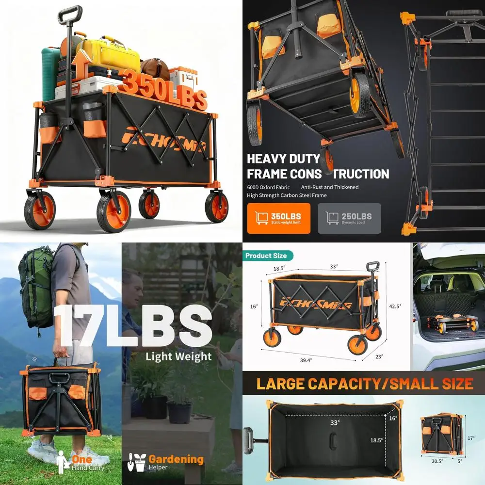 Zusammenklappbarer Mehrzweckwagen mit einer Kapazität von 350 Pfund für Outdoor-Aktivitäten, Gartenarbeit und Einkaufen in Orange und Schwarz