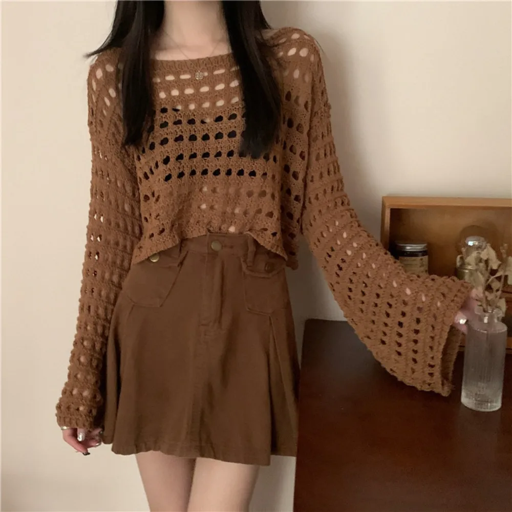 

Loose Hollow Out Blouses Y2k Thin See Through Knit Top O-neck Beach Vacation Knitted Cardigan Beach