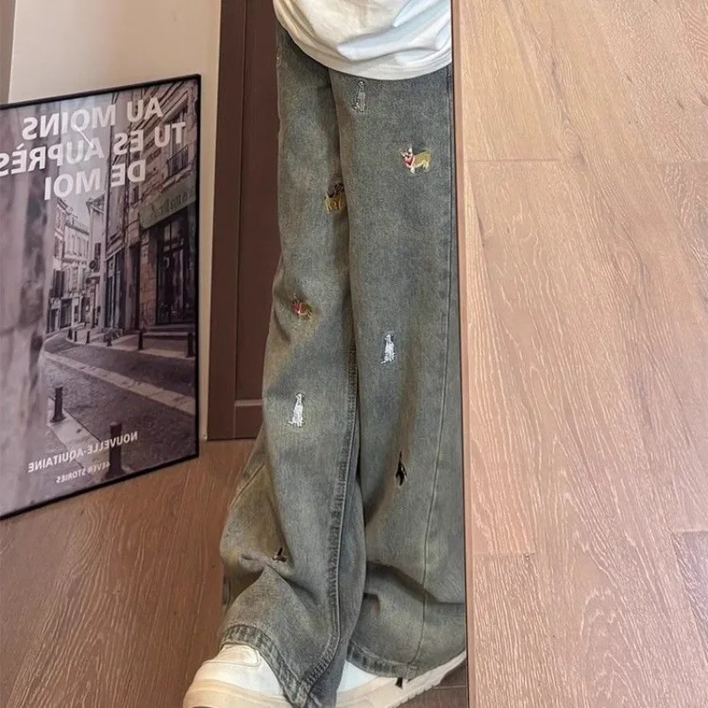 여성용 아메리칸 레트로 만화 워시 자수 청바지 여름 루즈 스트레이트 바지 다목적 긴 바지 캐주얼
