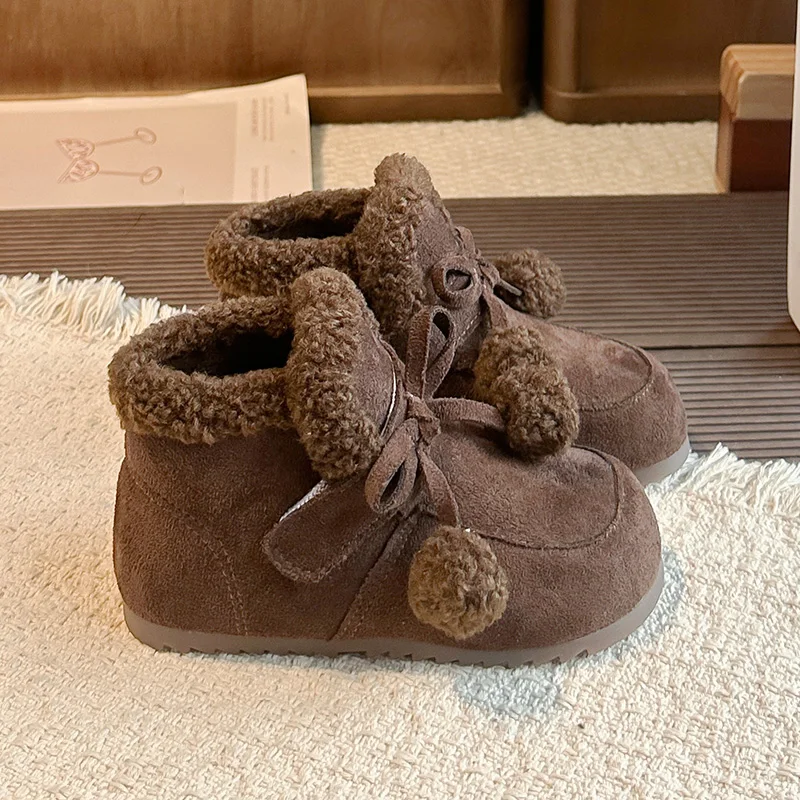 Kids Winter Snow Boots Girls Fleece Lined Warm Ankle Boots Cute Pom Pom Bow Soft Sole Toddler Non Slip Cotton Shoes