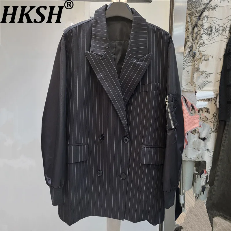 

HKSH осенний новый женский пиджак в полоску в стиле пэчворк с двубортными карманами и длинными рукавами, офисное женское стильное элегантное модное пальто HK9638
