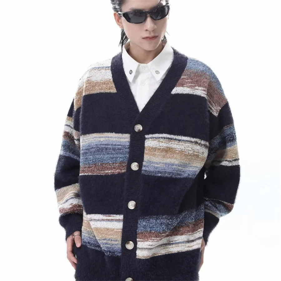 Cárdigan de punto para hombre, suéter a rayas, suéter informal con cuello en V, ropa para hombre, ropa de calle con botones, prendas de punto 2026