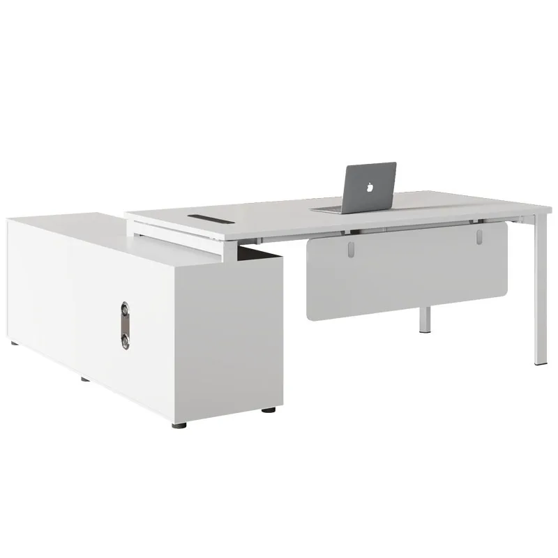 Company office boss table white simple modern office furniture set steel frame supervisor table and chair combination