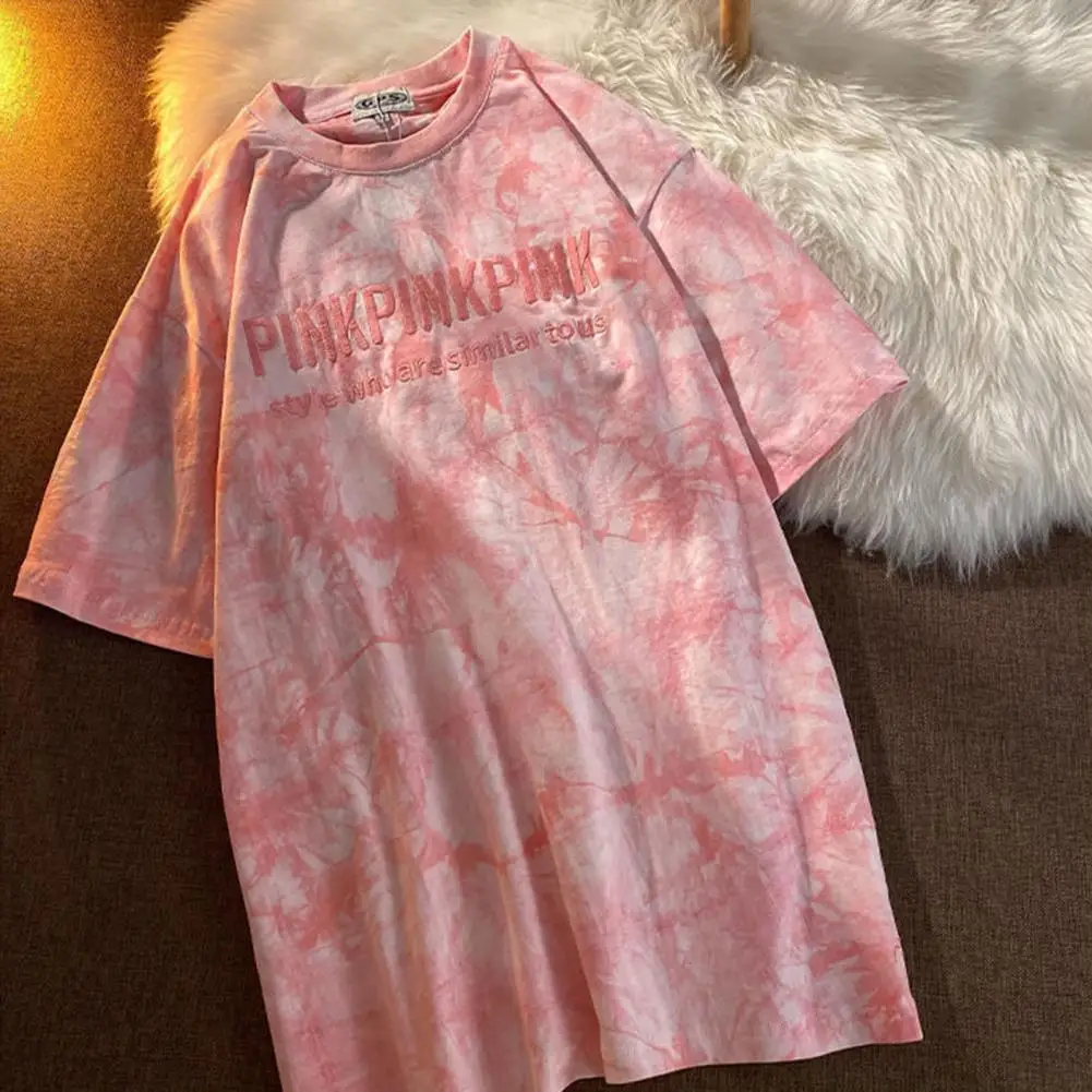 

Fashion Women T-shirt Letters Embroidery Tie Dye Print Short Sleeves Loose Blouse for Work Korean Harajuku Hip Hop T-Shirt 티셔츠