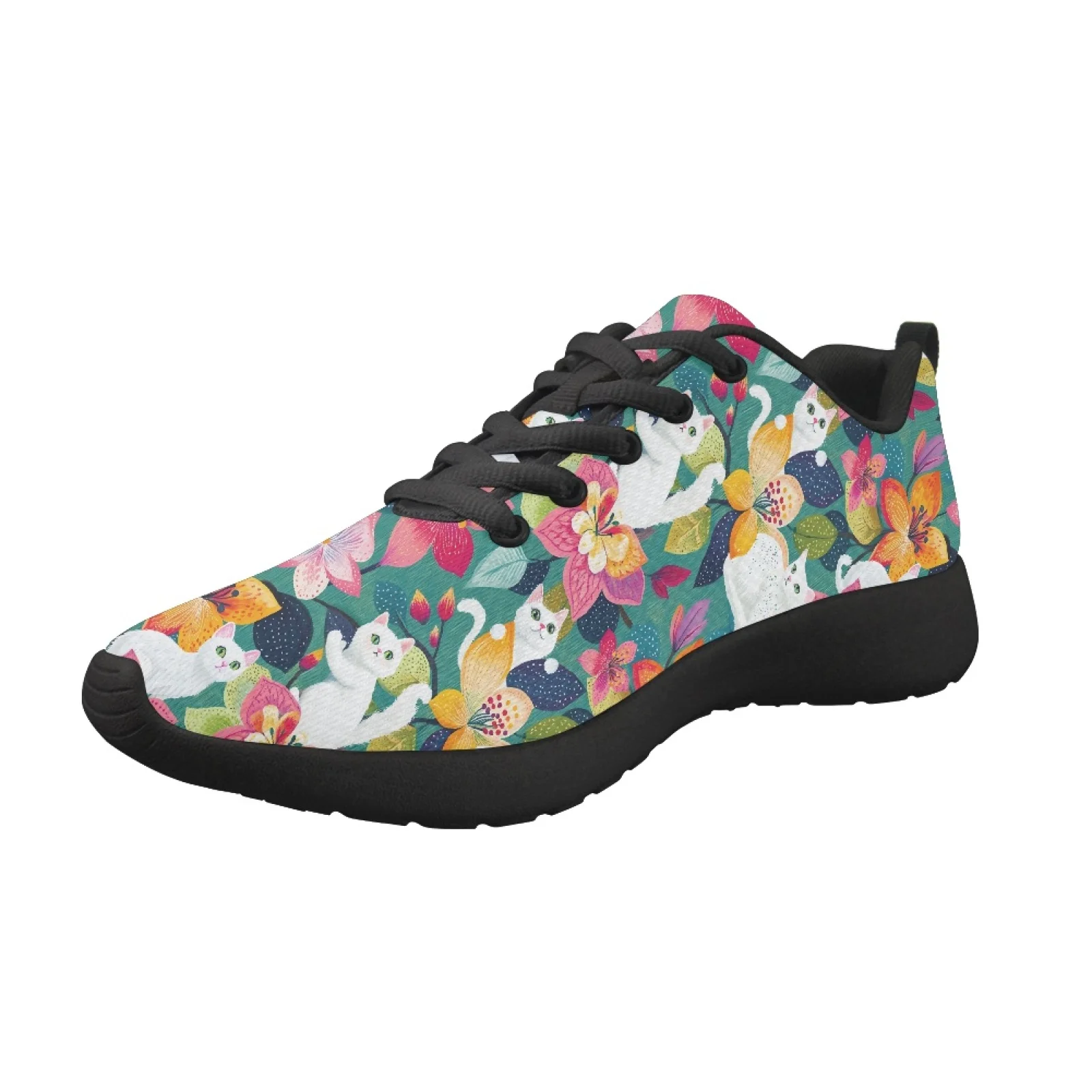 Cute Cat Flowers Print Summer Mesh Ladies Sneakers Sport Jogging Running Shoes For Woman Lace Up Flats Casual Shoes Tennis Shoes