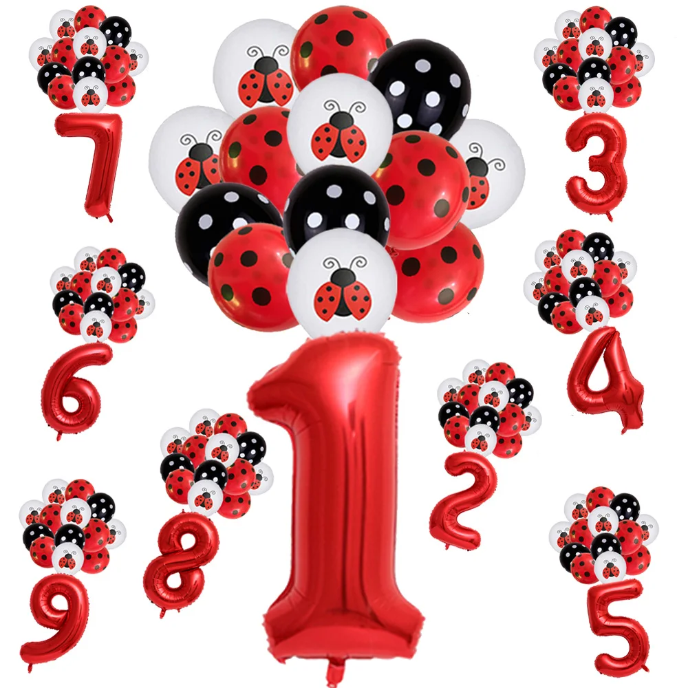 17Pcs Red Large 32inch Numbers Balloons Ladybug Pattern Red Black Polka Dots Latex Balloons for Ladybug Party Birthday Decortion