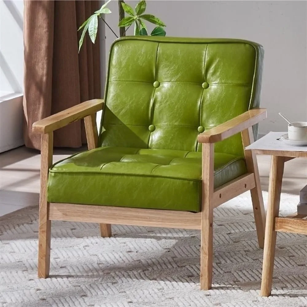 

Mid-Century Leather Armchair, Vintage Solid Wood Armchair, Simple Decorative Sofa Chair for Living Room, Bedroom, Office(Green)