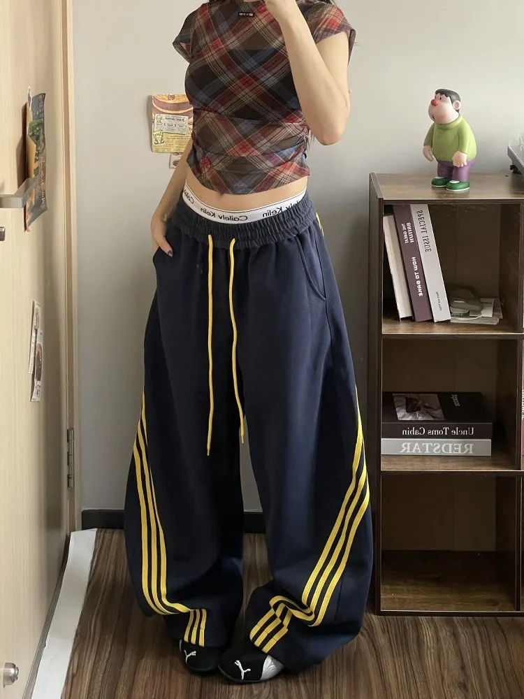 Pantalones deportivos de empalme a rayas Retro americanos para mujer, pantalones largos de pierna ancha ajustados, holgados, informales, de cintura alta